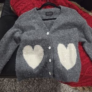 Women's Elle Brand NWOT Gray Cardigan Sweater with White Heart Sequin Design